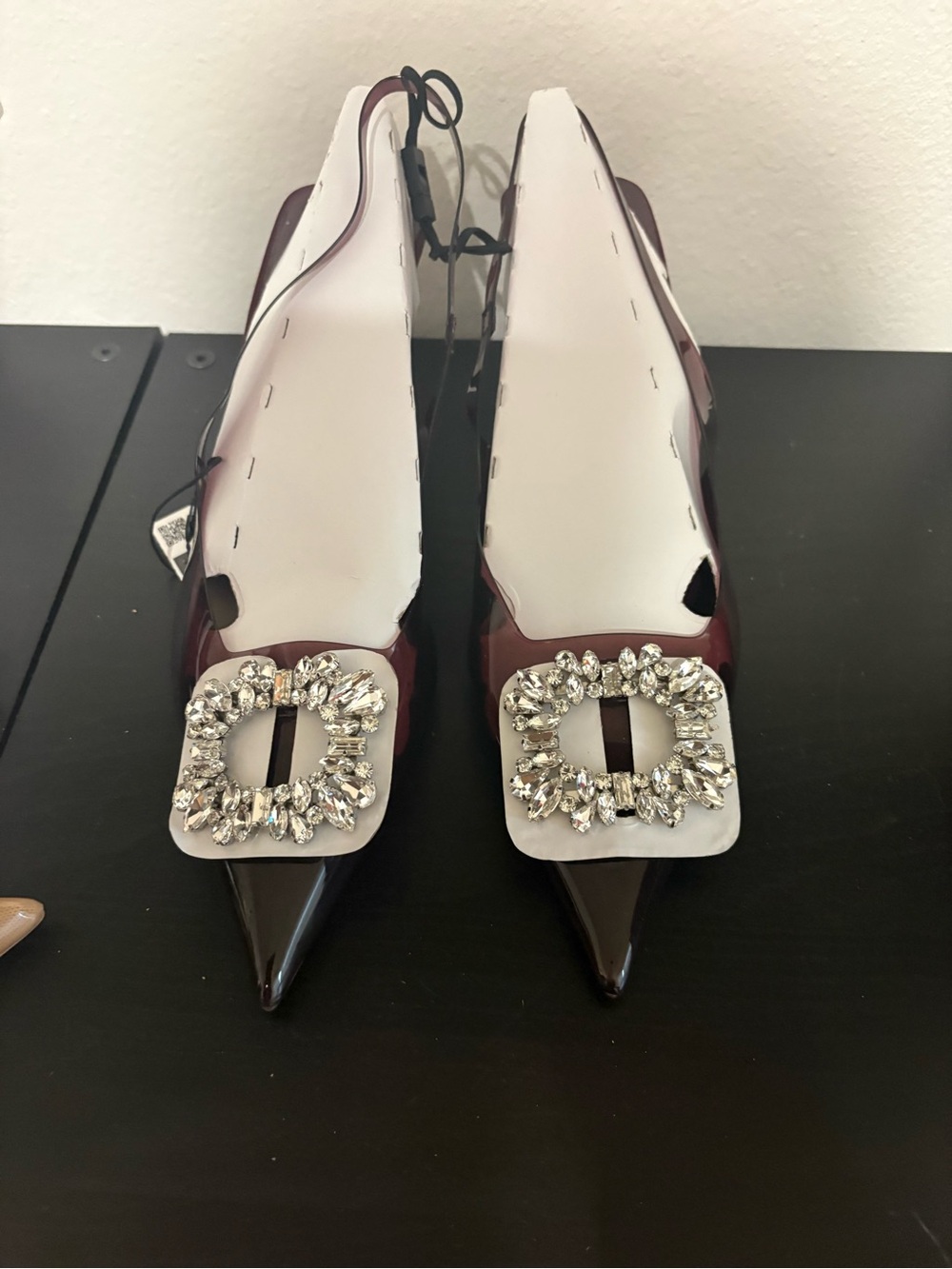 Zara Women's Burgundy PVC Pointed Toe Slingback Heels with Crystal Buckle